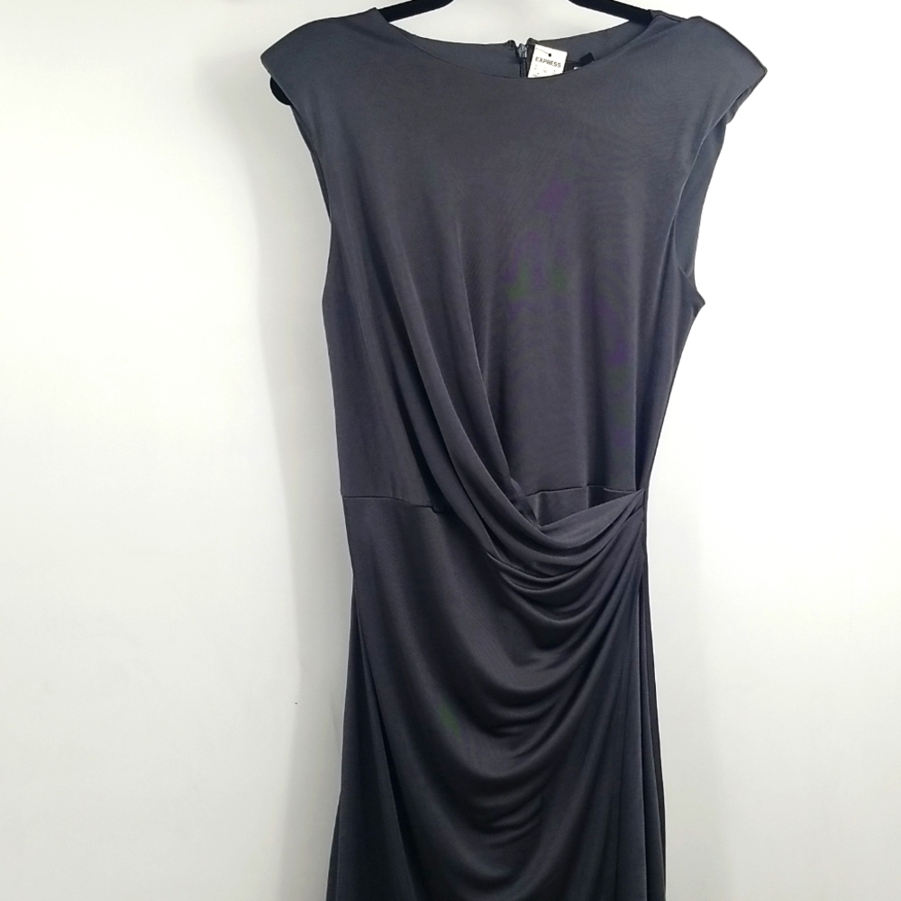 Express Gunmetal Gray Shoulder Pads Sleeveless Satiny Faux Wrap Rusched Dress - Picture 1 of 11